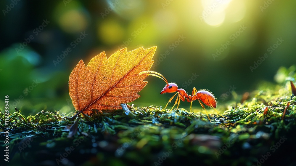 Poster an ant carrying a leaf fragment on a tiny forest floor with its mandibles illuminated by sunlight st