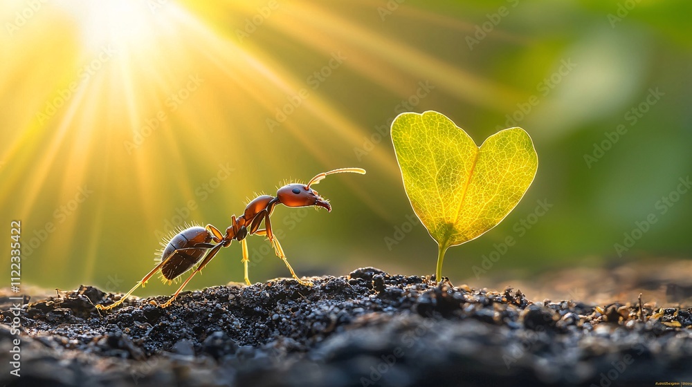 Poster an ant carrying a leaf fragment on a tiny forest floor with its mandibles illuminated by sunlight st