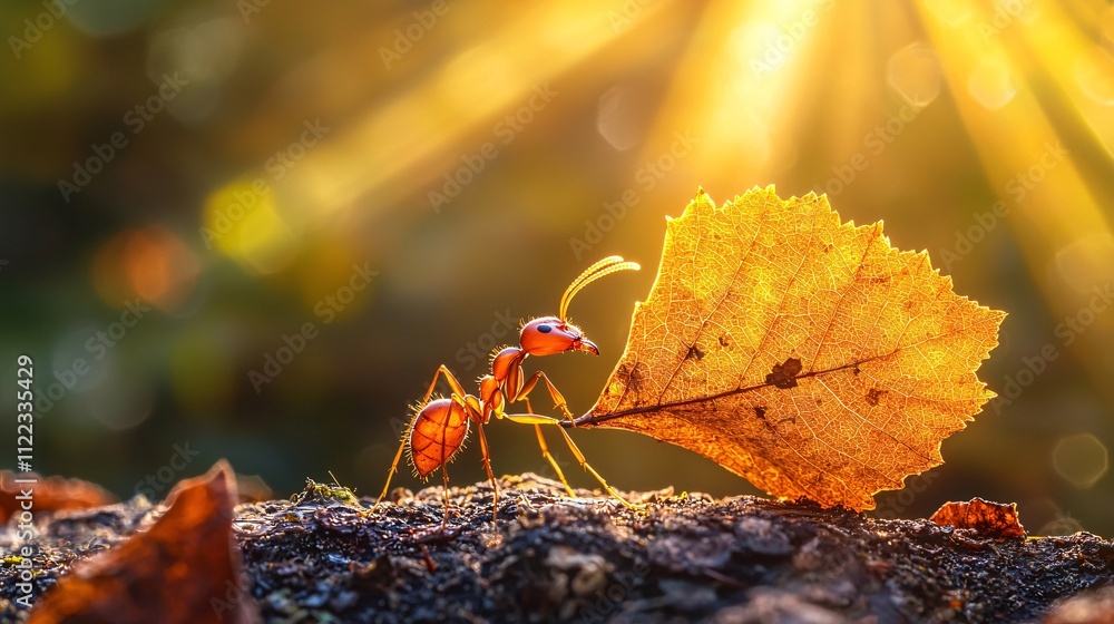 Poster an ant carrying a leaf fragment on a tiny forest floor with its mandibles illuminated by sunlight st