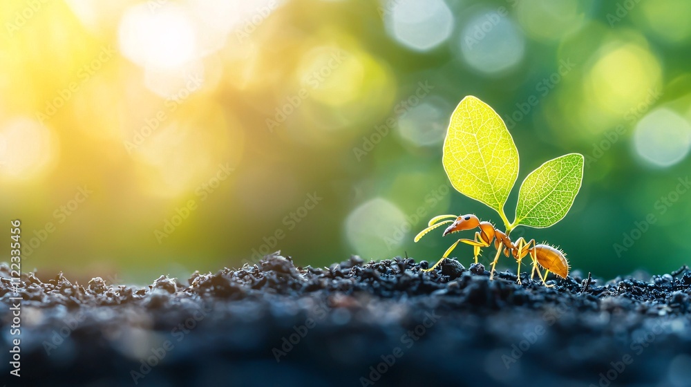 Poster an ant carrying a leaf fragment on a tiny forest floor with its mandibles illuminated by sunlight st