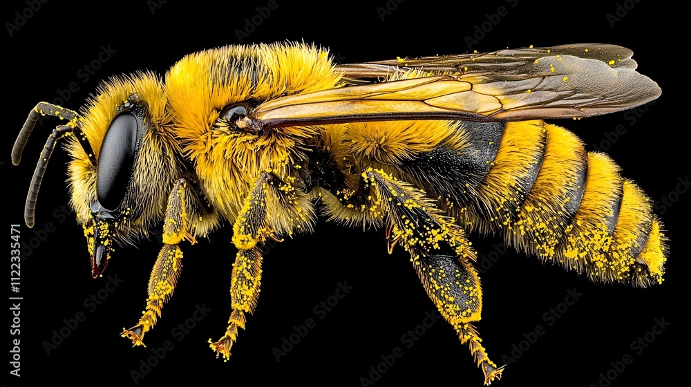 Poster a mesmerizing view of a bee collecting pollen with its legs dusted in bright yellow stock photo with