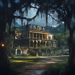 Southern Mansion Mystery:  A grand, old plantation house with a haunting air, draped in Spanish moss and shrouded in twilight, evokes a sense of secrets and intrigue.