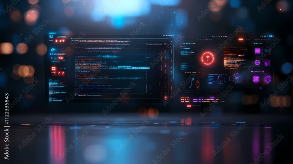 Poster futuristic digital interface with code and glowing elements.