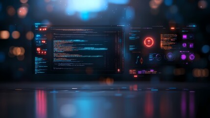 Futuristic digital interface with code and glowing elements.