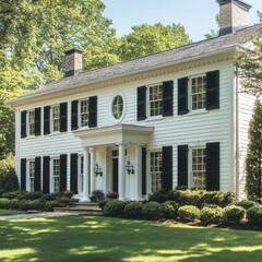 Obraz premium Classic Colonial Charm: A stately white colonial home with black shutters and a manicured lawn exudes timeless elegance.