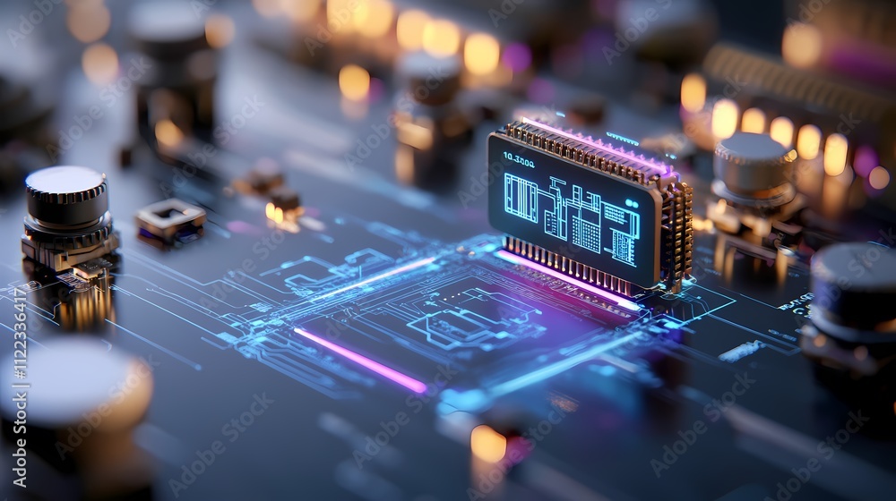 Poster futuristic microchip on circuit board glows with digital data.