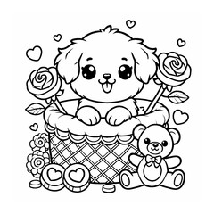 Puppy in a Basket with Roses and Teddy Bear Coloring Page
