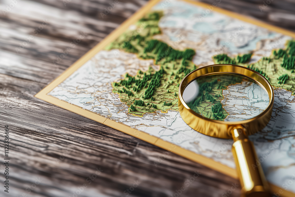 Poster close-up of a detailed terrain map with elevation features and a magnifying glass for closer examina