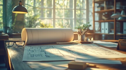 Creative Workspace with Architectural Plans and Sunlight