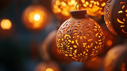Illuminated carved wooden sphere lanterns hanging.