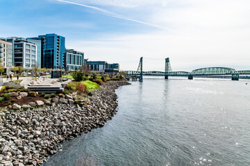 Vancouver Waterfront Park and Skyline With Oregon-Washington Bridge in Vancouver, Washington