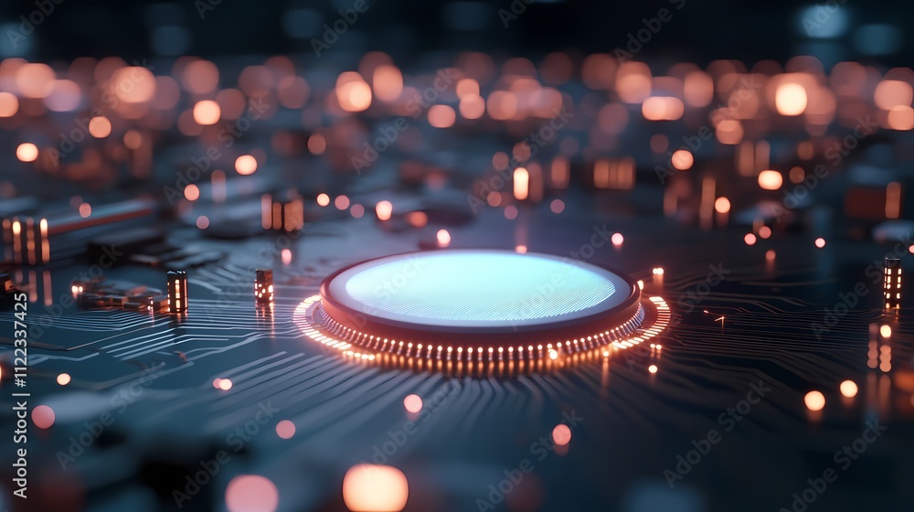 Poster illuminated central processing unit on circuit board.