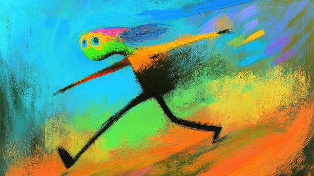 Colorful abstract figure running energetically through a vibrant landscape with dynamic brush strokes