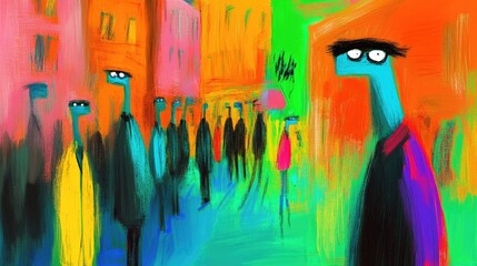 Colorful urban gathering depicting various figures in a vibrant city environment during daytime