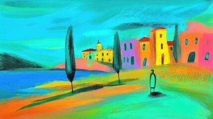 Colorful landscape with a figure walking along a vibrant shoreline near a picturesque village