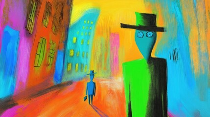 Colorful urban landscape featuring vibrant figures walking through a lively city at dusk