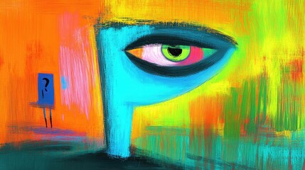 Abstract art featuring a vibrant eye amidst colorful background in a mysterious setting