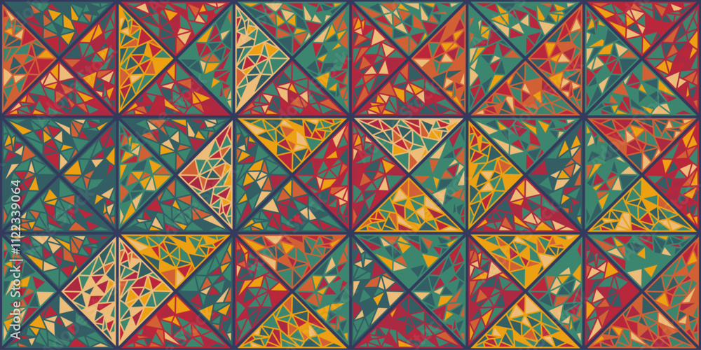 Poster vibrant geometric pattern with colorful triangular shapes, creating a dynamic and energetic design.