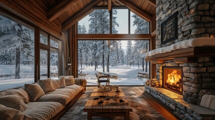Obraz premium Cozy cabin, snowy forest view, warm fireplace.