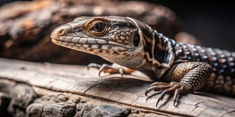 Naklejka premium little beautiful lizard on a wooden texture. macro shot. close-up.