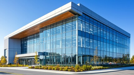 Obraz premium Modern Glass Building with Blue Sky Background