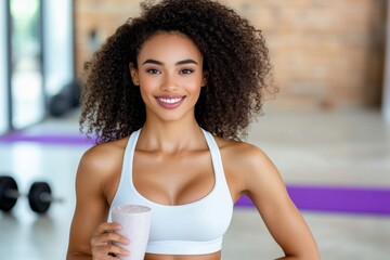 Fototapeta premium A fitness enthusiast enjoying a protein shake after a workout, with dumbbells and a yoga mat in the background