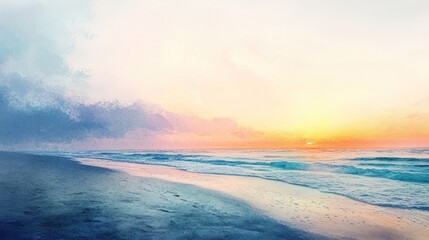 Obraz premium Serene sunset beach, ocean waves, pastel sky.