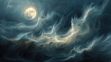 Obraz premium Dreamlike night sky with swirling clouds and a luminous moon.