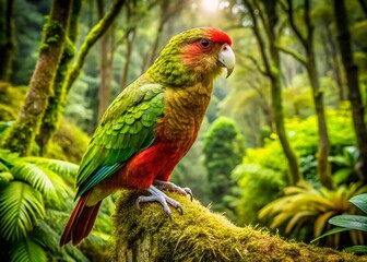 Captivating Kaka Parrot in its Natural Habitat: A Stunning Product Photography of a Kaka Parrot Bird Perched on a Tree in the Lush Forests of New Zealand