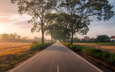 Idyllic Road Through Open Fields and Sunrise Glow, Perfect for Motivational PC Wallpaper Backgrounds