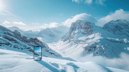 Fototapeta premium Smartphone displaying stunning snowy mountain panorama.