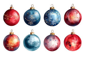 Christmas set of colorful balls with creative drawing ornaments, toys. Clipart watercolor illustration collection isolated on transparent background. PNG, cutout.