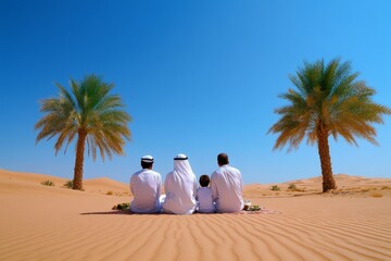Fototapeta premium A local Emirati family enjoying a picnic in a desert oasis, surrounded by palm trees and golden sands