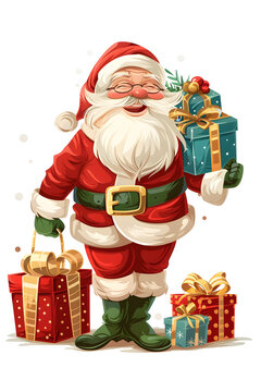 Santa Claus with christmas decoration and gift boxes in the hands. Festive illustration clipart composition isolated on transparent background. PNG, cutout.