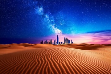 Fototapeta premium A magical depiction of Abu Dhabi with golden sand dunes transforming into glittering skyscrapers under a mystical starry sky