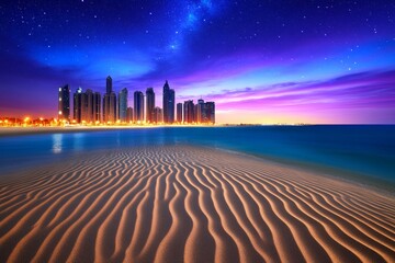 Fototapeta premium A magical depiction of Abu Dhabi with golden sand dunes transforming into glittering skyscrapers under a mystical starry sky