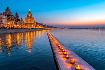 Naklejka premium A panoramic view of an Indian city lit up for Diwali, with homes, temples, and streets glowing in festive lights