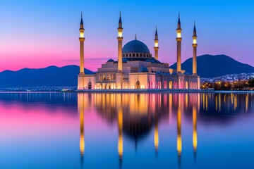 Obraz premium A peaceful view of the mosque reflection in the calm waters of its surrounding pools at sunrise