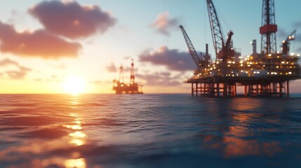 Obraz premium Offshore oil rigs at sunset, reflecting in calm ocean waters.