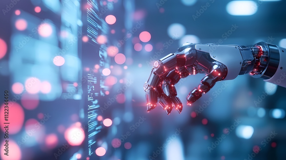 Poster robotic hand interacting with digital code.