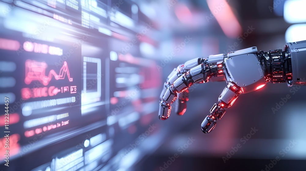 Poster robotic hand interacting with futuristic digital interface.