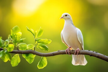 Obraz premium A serene image of a dove perched on a branch, surrounded by soft morning light and vibrant green foliage