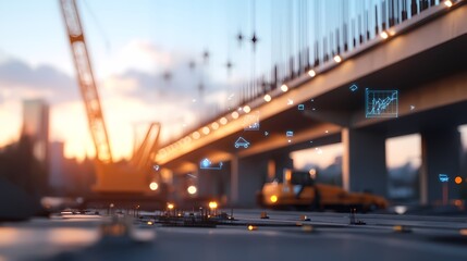 Smart city construction, bridge building at sunset, digital overlay.