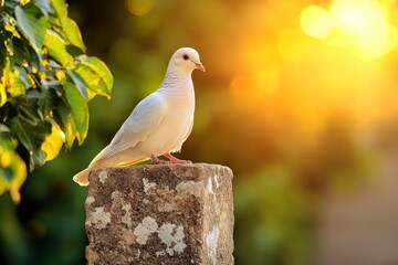 Obraz premium A serene photo of a dove resting on a statue in a historic plaza, with soft light adding depth to the scene