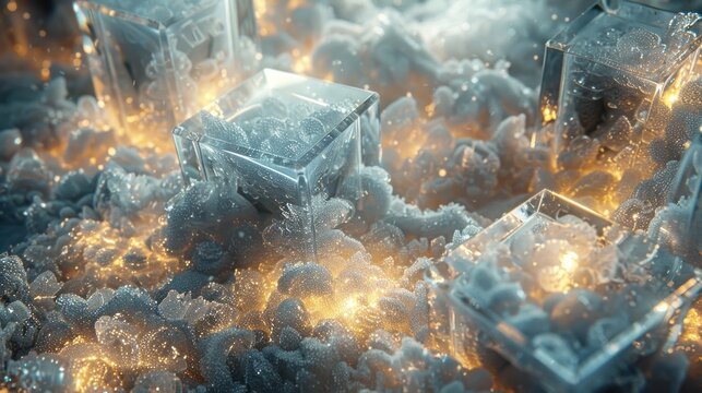 Breathtaking close up view of intricate crystalline ice formations in vivid shades of blue and white  The intricate