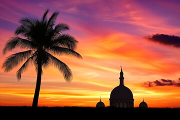 Fototapeta premium A silhouette of the mosque against a fiery orange and purple sky during twilight