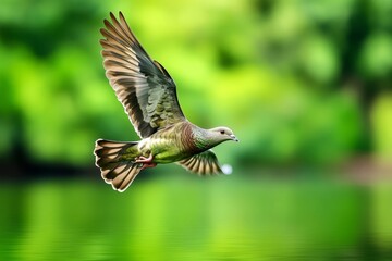 Obraz premium A vibrant photo of a dove flying over a serene lake, its reflection shimmering on the water surface