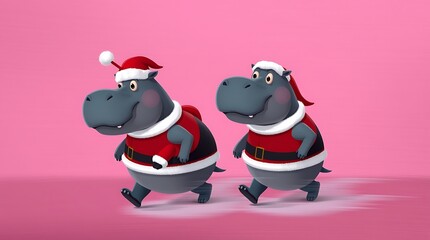 Naklejka premium hippopotamus in red Christmas pajamas, radiating festive cheer. Ideal for holiday-themed social media posts, children's decorations, greeting cards, web, banner, winter merchandise designs