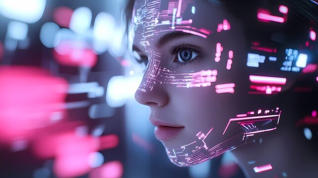 Woman's face overlaid with futuristic digital data streams.