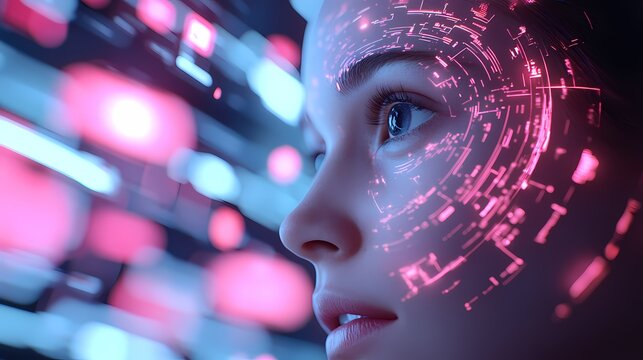 Woman's face with futuristic digital overlay.